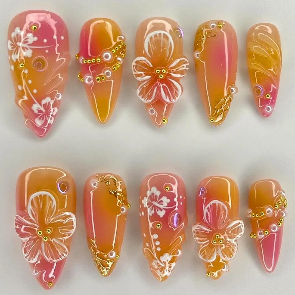 24Pcs Pink Gradient Almond Fak - đánh giá và giá Pressed Flower Art
