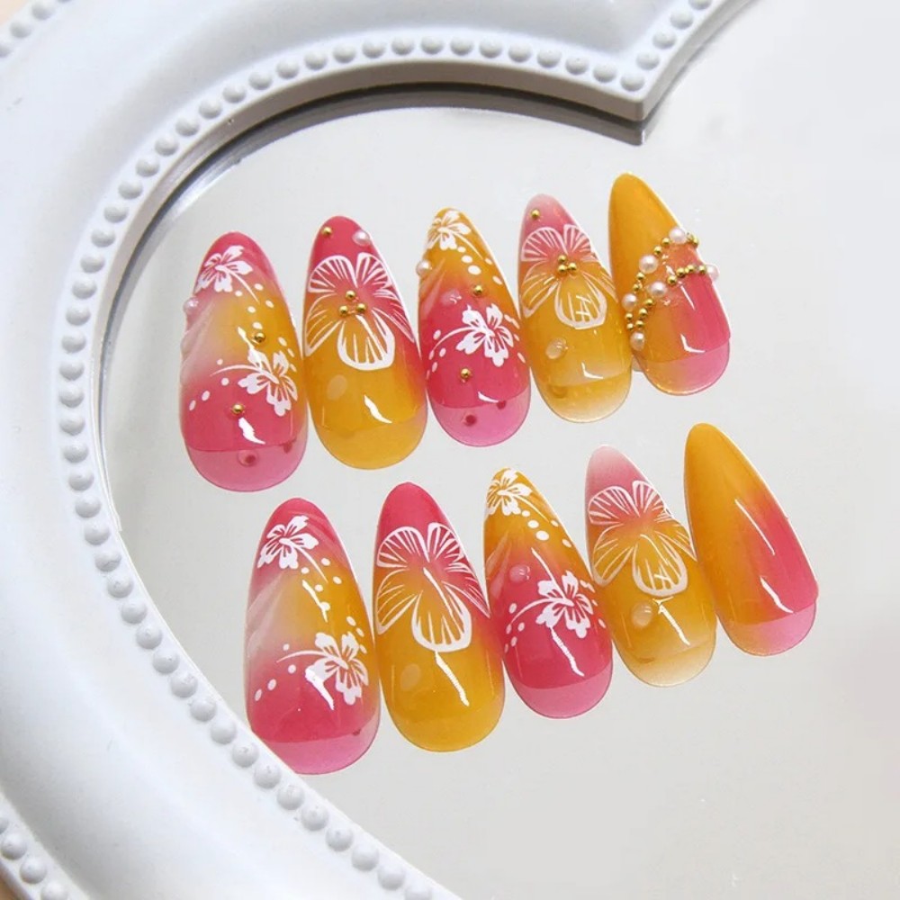 24Pcs Pink Gradient Almond Fak - đánh giá và giá Pressed Flower Art